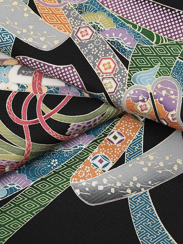 男児産着 お宮参りレンタルR042 【正絹】黒地 束ねのし小槌