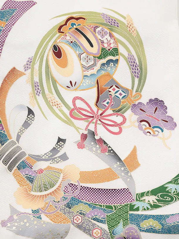 男児産着 お宮参りレンタルR044 【正絹】白地 束ねのし小槌