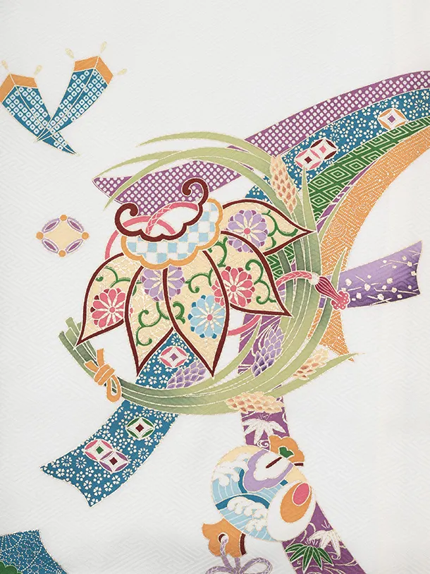 男児産着 お宮参りレンタルR044 【正絹】白地 束ねのし小槌