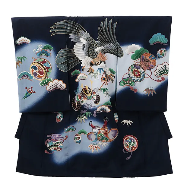 男児産着 お宮参りレンタルR045 【正絹】紺地 鷹 兜 鼓