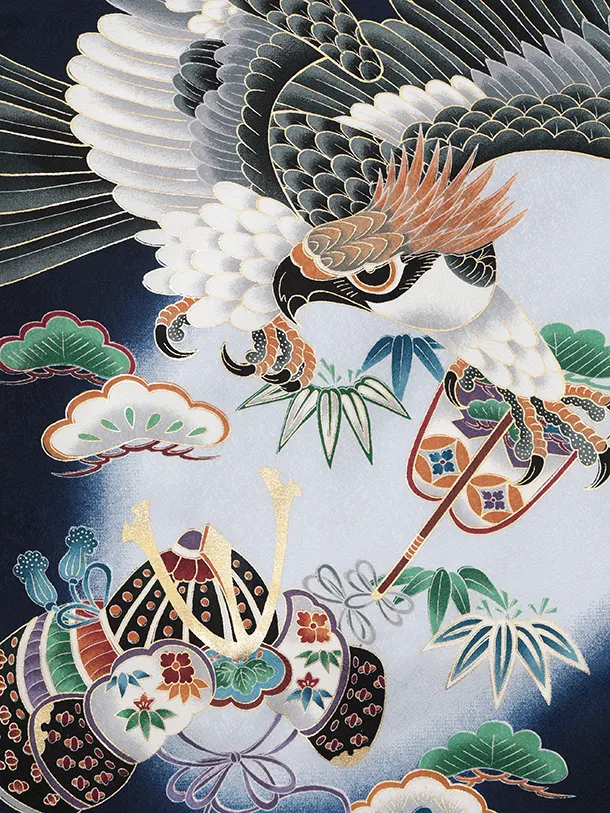 男児産着 お宮参りレンタルR045 【正絹】紺地 鷹 兜 鼓