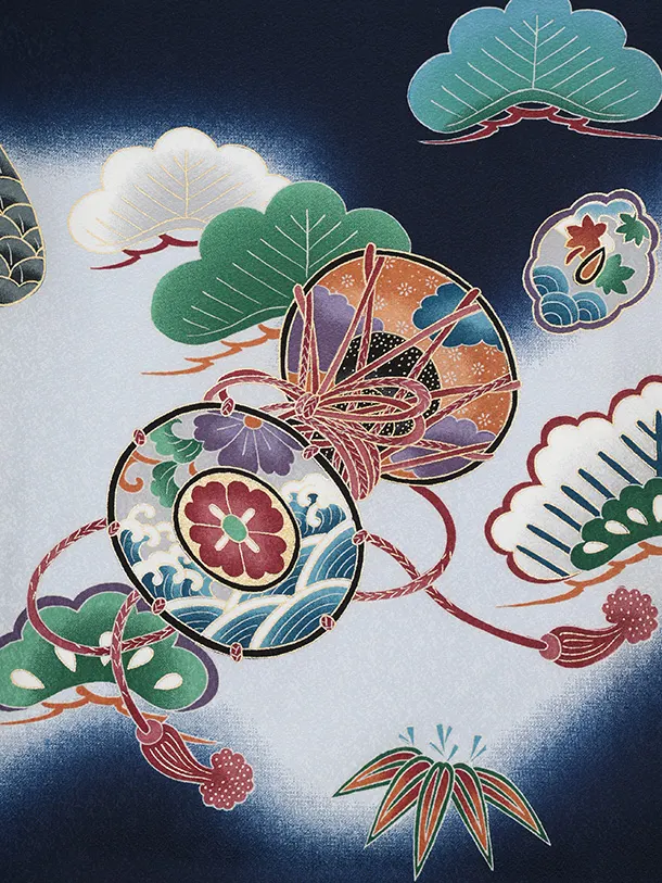 男児産着 お宮参りレンタルR045 【正絹】紺地 鷹 兜 鼓