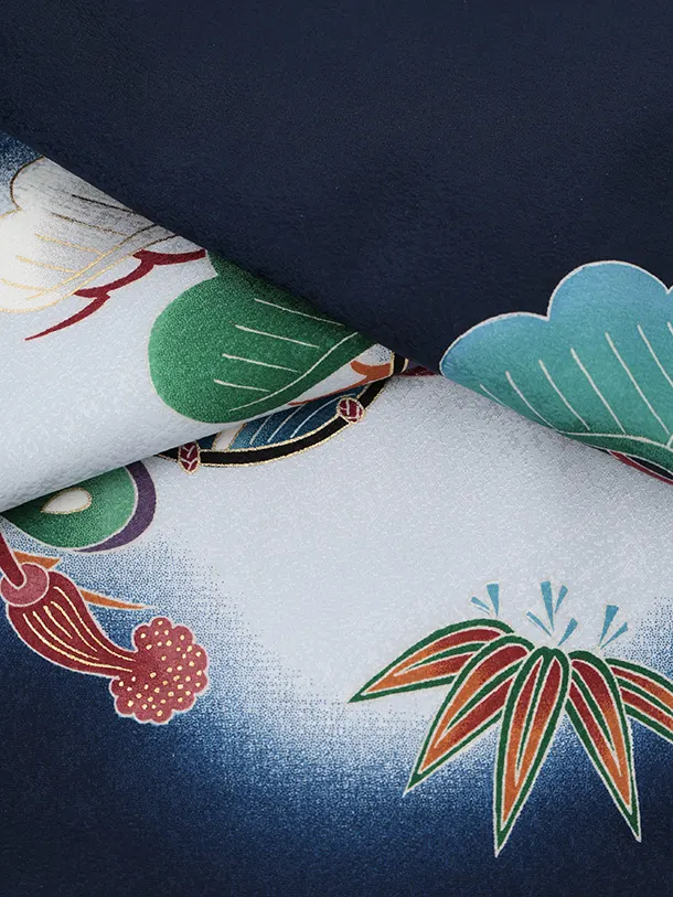 男児産着 お宮参りレンタルR045 【正絹】紺地 鷹 兜 鼓