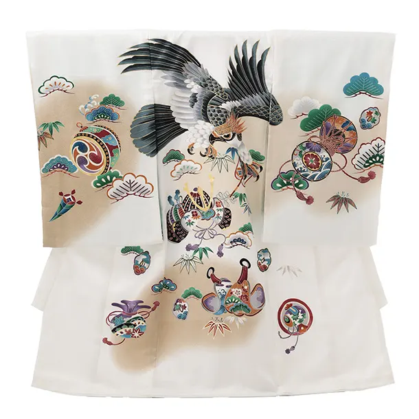 男児産着 お宮参りレンタルR046 【正絹】白地 鷹 兜 鼓