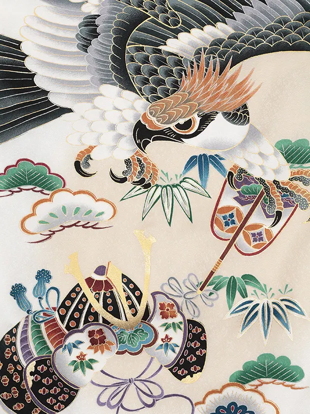 男児産着 お宮参りレンタルR046 【正絹】白地 鷹 兜 鼓