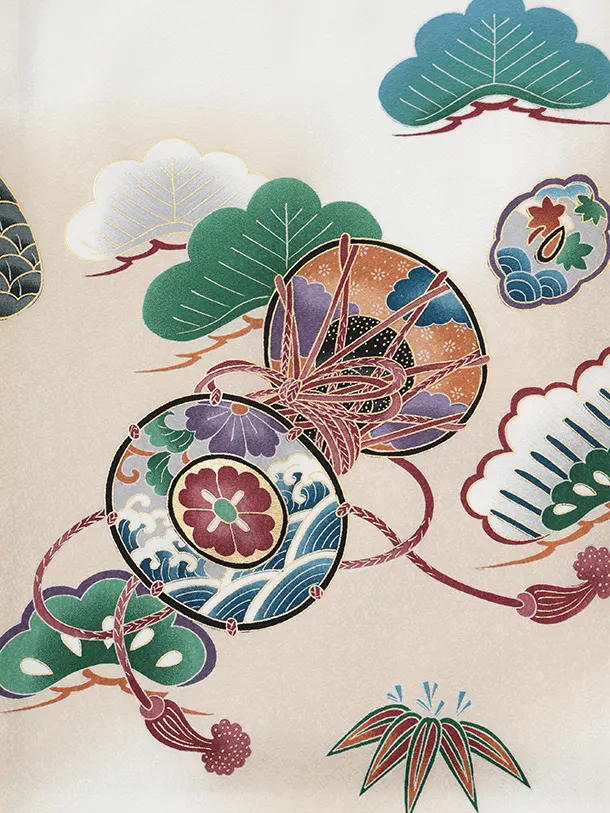 男児産着 お宮参りレンタルR046 【正絹】白地 鷹 兜 鼓