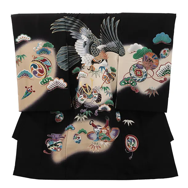 男児産着 お宮参りレンタルR047 【正絹】黒地 鷹 兜 鼓