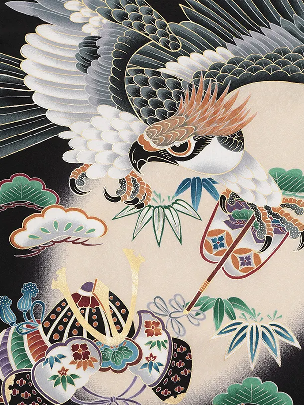 男児産着 お宮参りレンタルR047 【正絹】黒地 鷹 兜 鼓