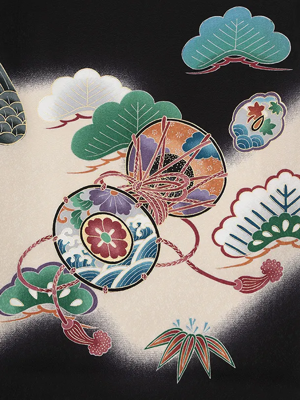 男児産着 お宮参りレンタルR047 【正絹】黒地 鷹 兜 鼓