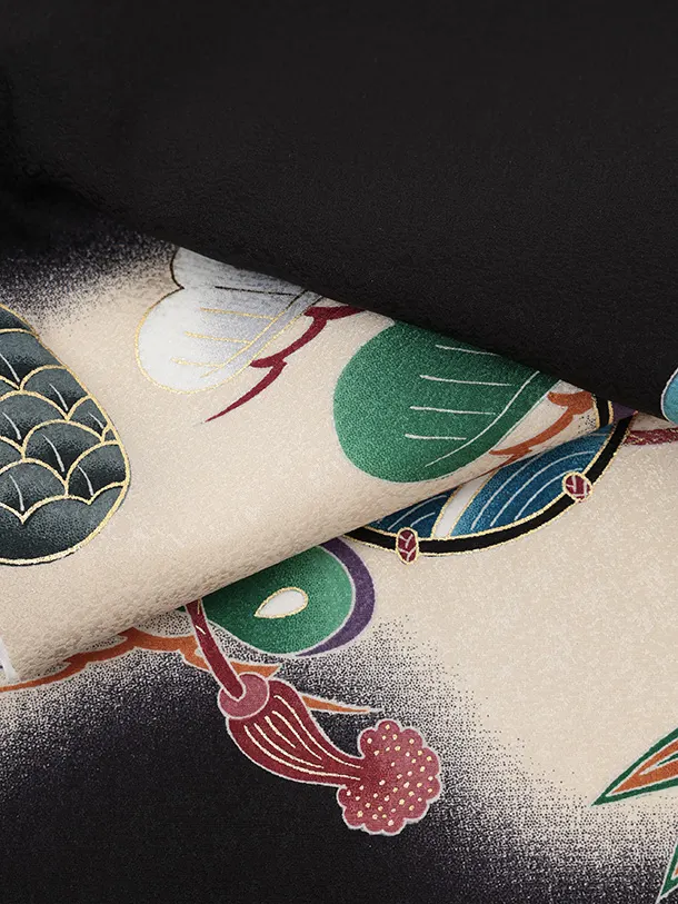 男児産着 お宮参りレンタルR047 【正絹】黒地 鷹 兜 鼓