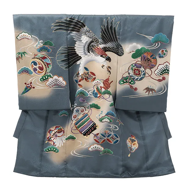 男児産着 お宮参りレンタルR048 【正絹】グレー地 鷹に巻物