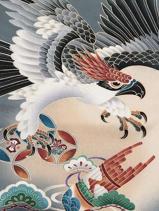 男児産着 お宮参りレンタルR048 【正絹】グレー地 鷹に巻物