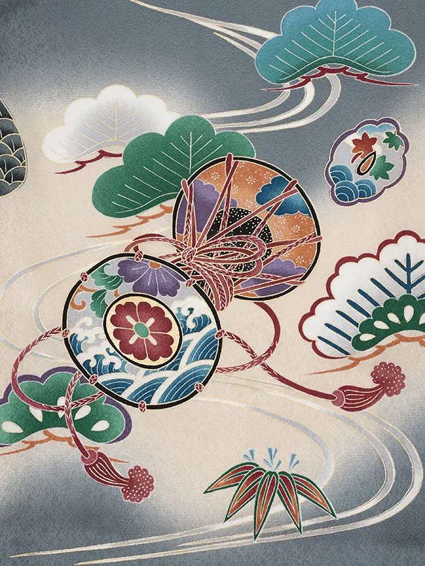 男児産着 お宮参りレンタルR048 【正絹】グレー地 鷹に巻物