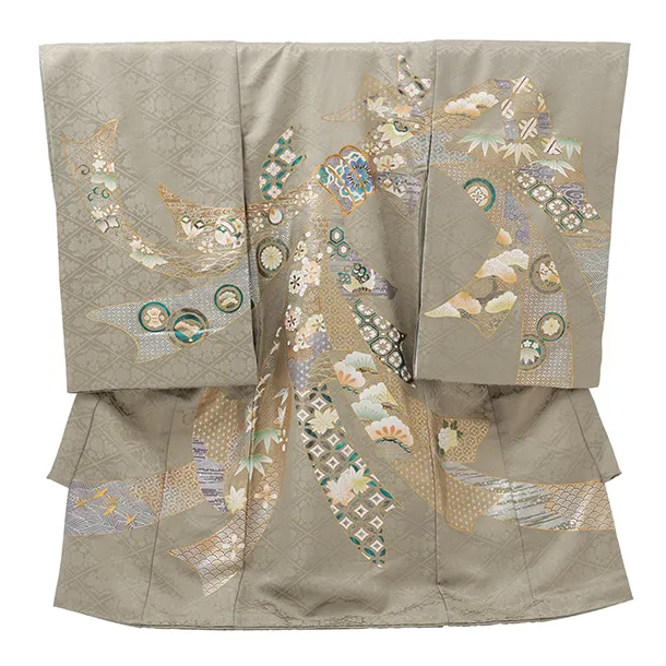 男児産着 お宮参りレンタルR067 【正絹】グレージュ地 束ね熨斗