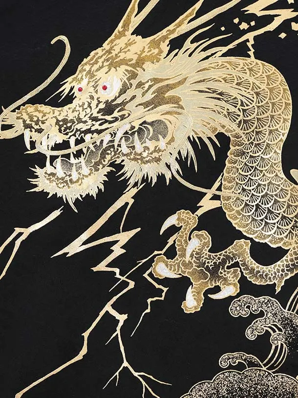 男児産着 お宮参りレンタルR082【高級正絹】黒地 金彩　龍