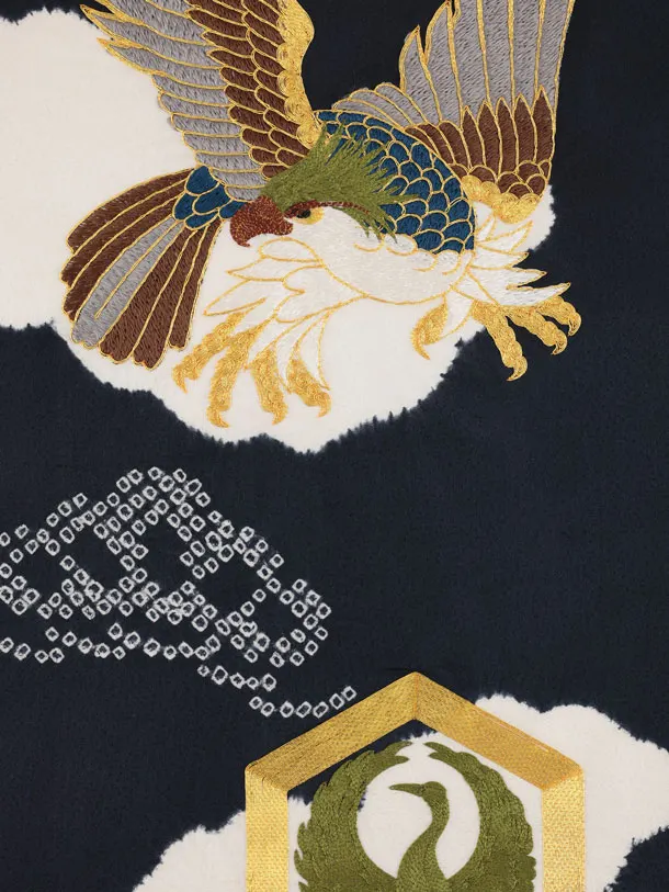 男児産着 お宮参りレンタルR173 【正絹】濃紺 刺繍鷹に亀甲紋