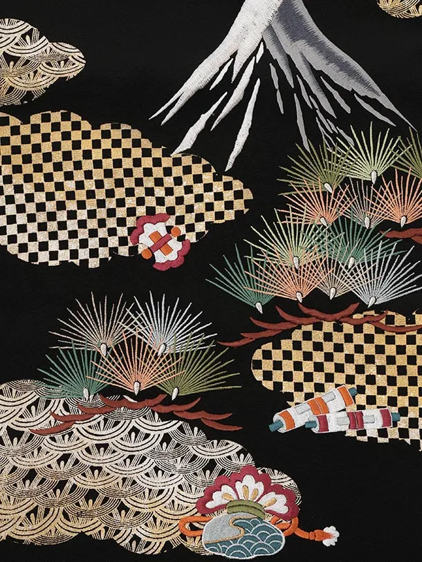 男児産着 お宮参りレンタル R201【正絹】黒 雲取り刺繍 鷹 宝船