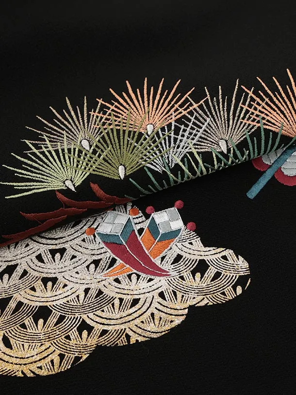 男児産着 お宮参りレンタル R201【正絹】黒 雲取り刺繍 鷹 宝船