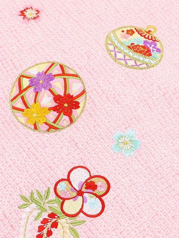 高級正絹産着レンタル 女の子 お宮参り 正絹 1593  ﾋﾟﾝｸ絞り 鞠刺繍