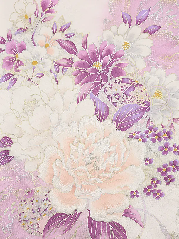 女児産着 お宮参りレンタル2835【正絹】伝産京友禅 白にパープルピンク 牡丹鈴