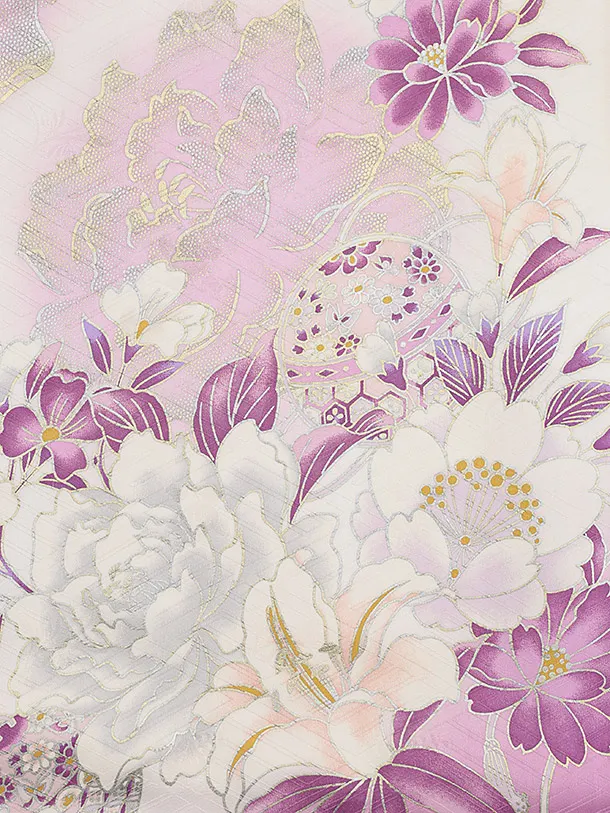 女児産着 お宮参りレンタル2835【正絹】伝産京友禅 白にパープルピンク 牡丹鈴