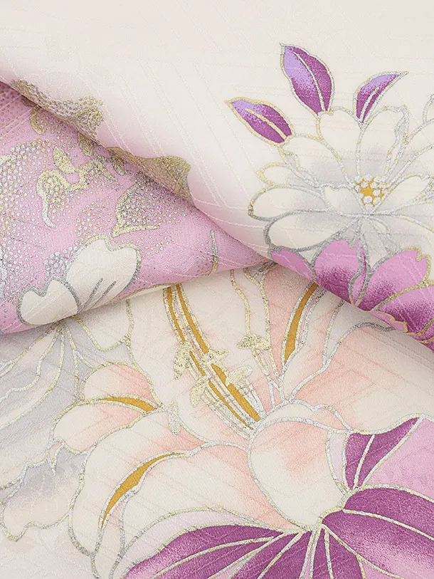 女児産着 お宮参りレンタル2835【正絹】伝産京友禅 白にパープルピンク 牡丹鈴