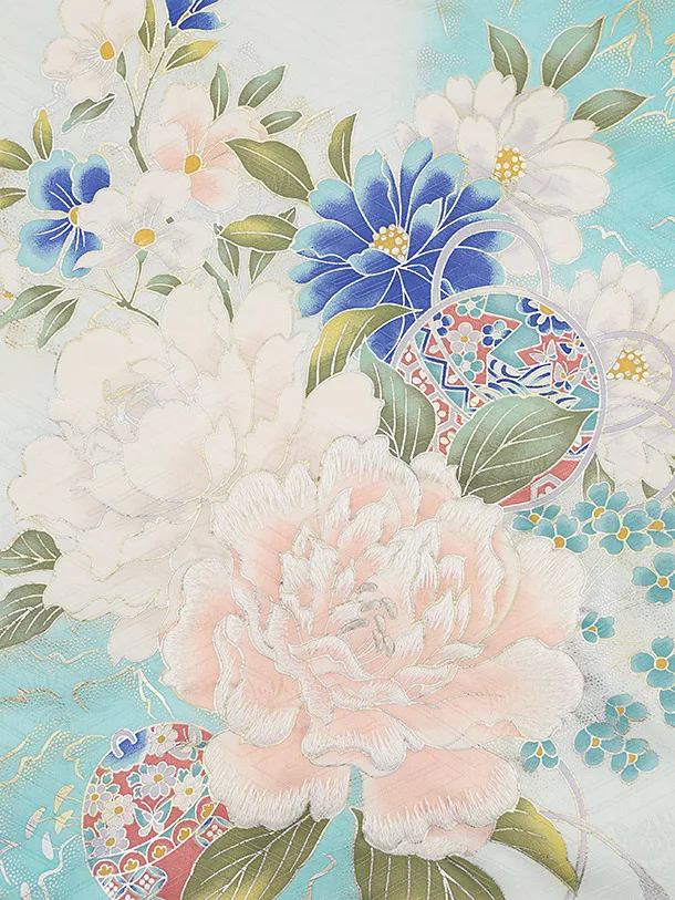 女児産着 お宮参りレンタル2836【正絹】伝産京友禅 水色 牡丹鈴