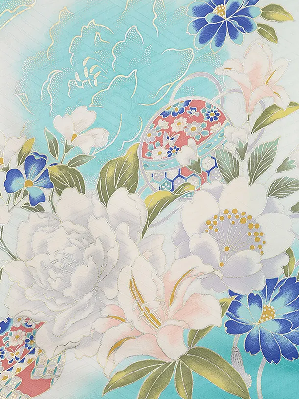 女児産着 お宮参りレンタル2836【正絹】伝産京友禅 水色 牡丹鈴