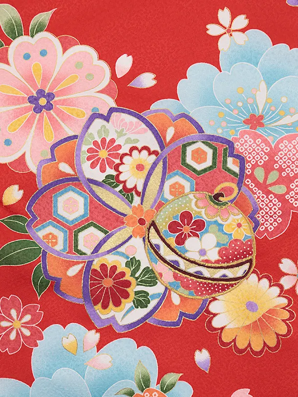 女児産着 お宮参りレンタル2842 赤地 八重桜に鈴