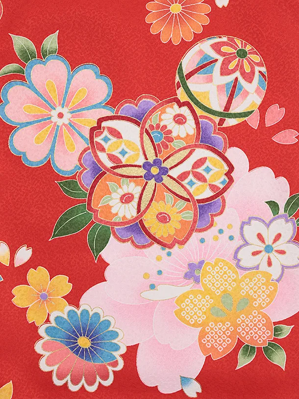 女児産着 お宮参りレンタル2842 赤地 八重桜に鈴