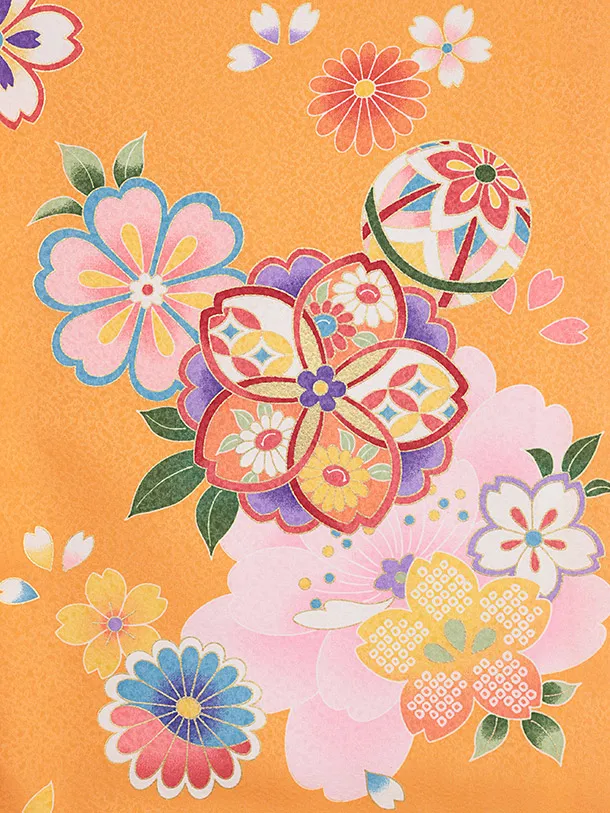 女児産着 お宮参りレンタル2844 オレンジ 八重桜に鈴