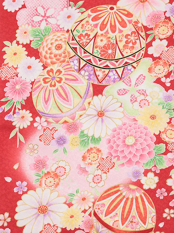 女児産着 お宮参りレンタル2868 赤地 鞠に花