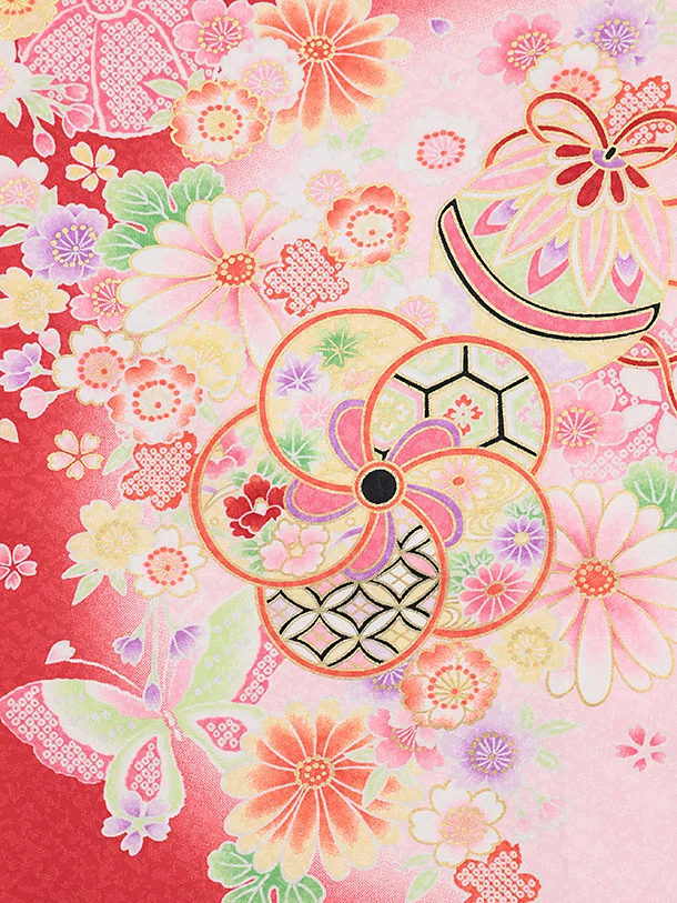 女児産着 お宮参りレンタル2868 赤地 鞠に花