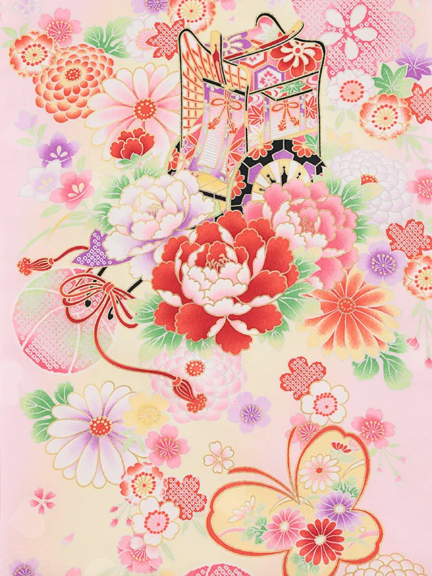 女児産着 お宮参りレンタル2882 ピンク地 御所車 鞠花