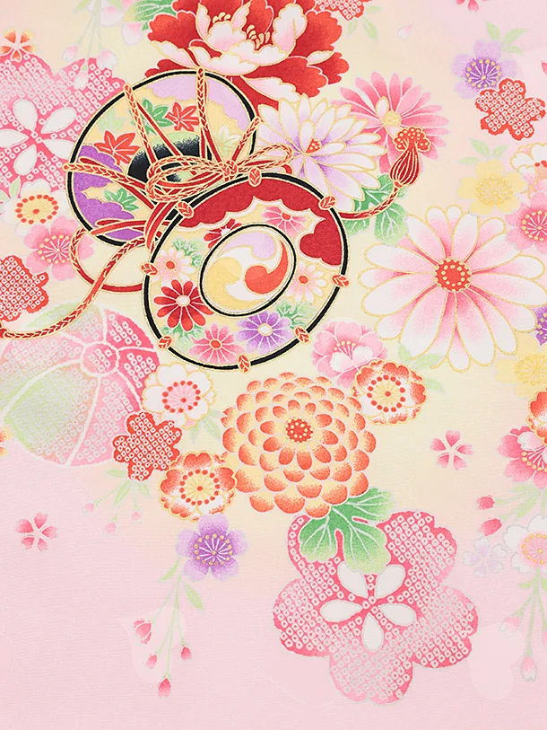 女児産着 お宮参りレンタル2882 ピンク地 御所車 鞠花