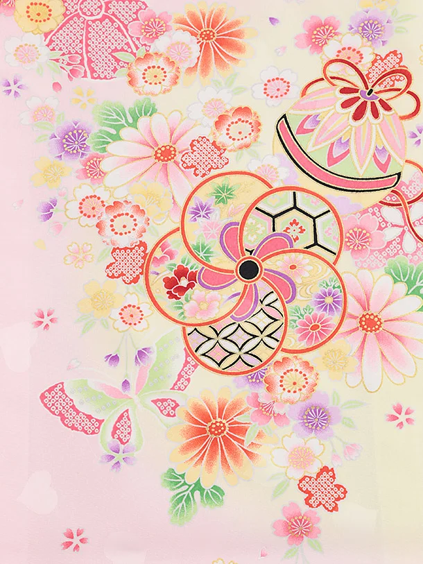 女児産着 お宮参りレンタル2882 ピンク地 御所車 鞠花