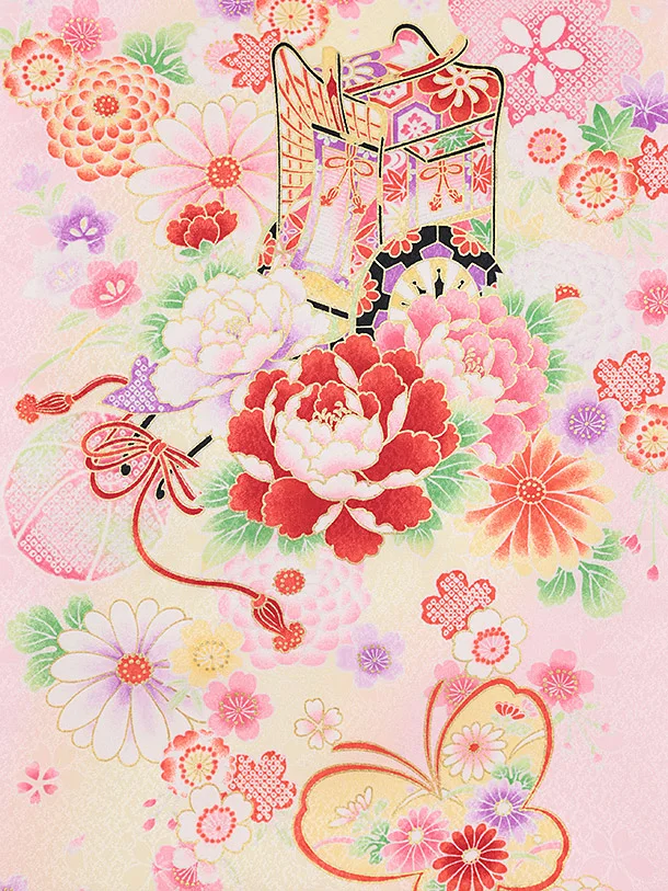 女児産着 お宮参りレンタル2883 ピンク地 御所車 鞠花