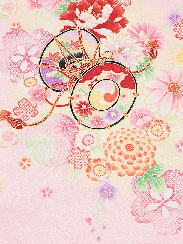 女児産着 お宮参りレンタル2883 ピンク地 御所車 鞠花