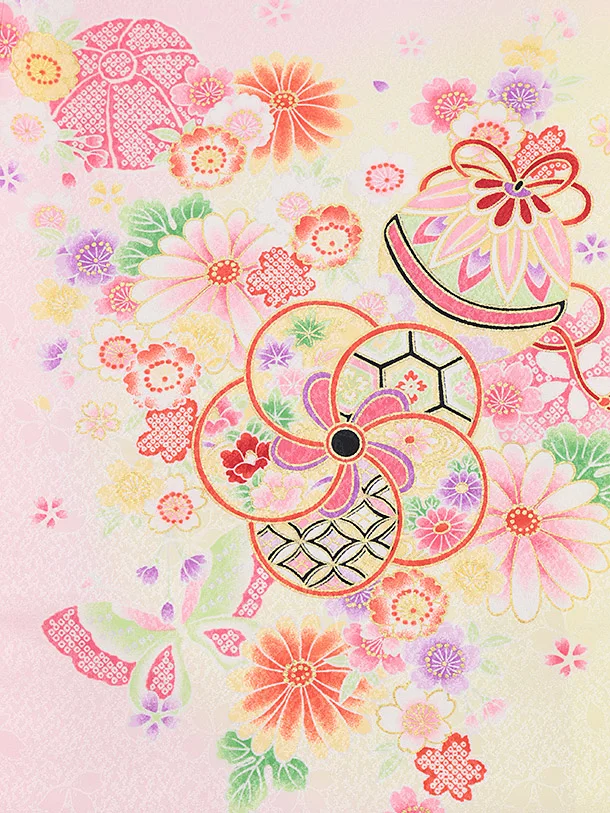 女児産着 お宮参りレンタル2883 ピンク地 御所車 鞠花