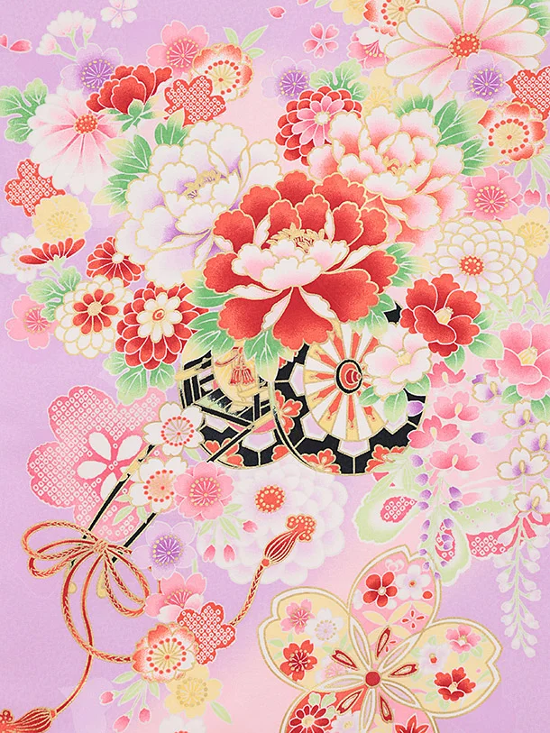 女児産着 お宮参りレンタル2884 パープル 花車 鞠と花