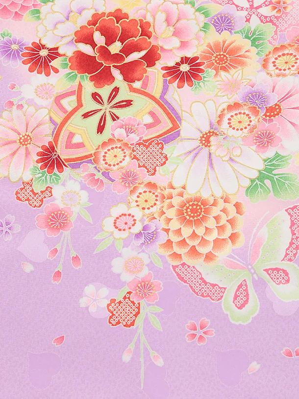 女児産着 お宮参りレンタル2884 パープル 花車 鞠と花