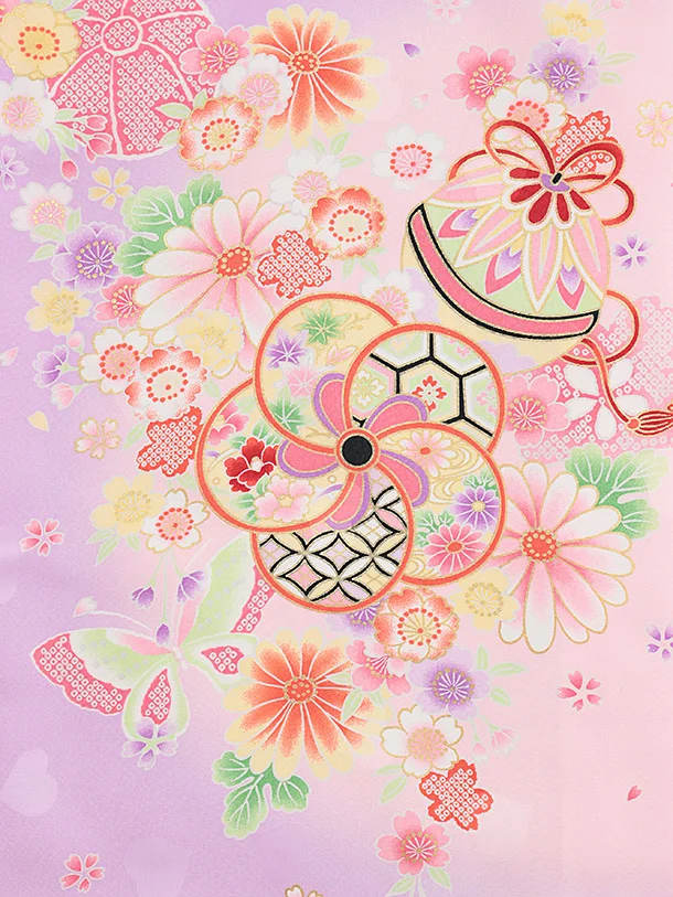 女児産着 お宮参りレンタル2884 パープル 花車 鞠と花