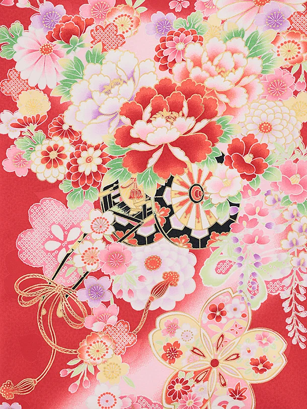 女児産着 お宮参りレンタル2885 赤地 花車 鞠と花