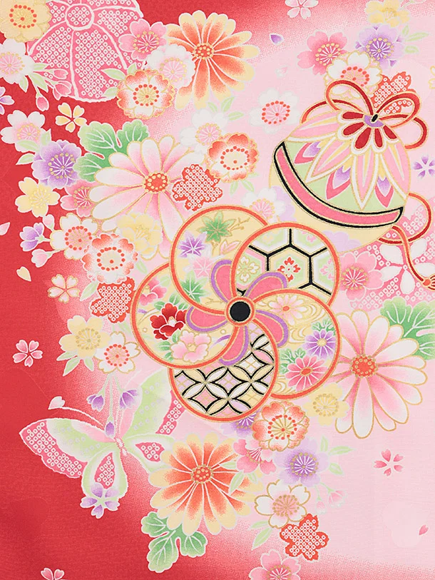 女児産着 お宮参りレンタル2885 赤地 花車 鞠と花