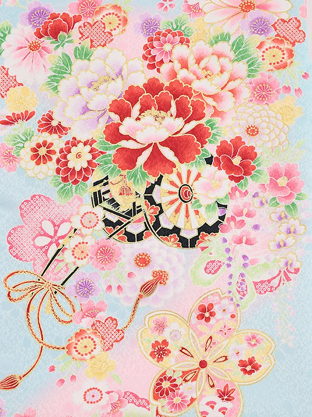 女児産着 お宮参りレンタル2887 水色 花車 鞠と花