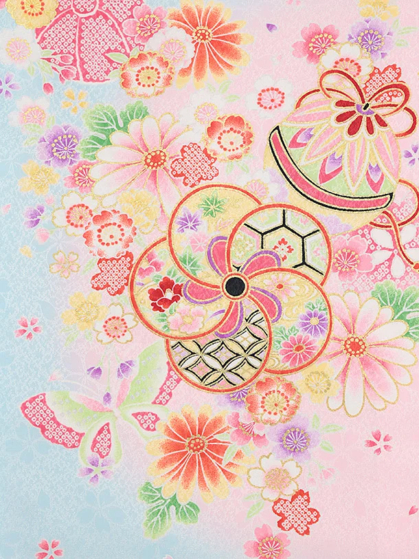 女児産着 お宮参りレンタル2887 水色 花車 鞠と花