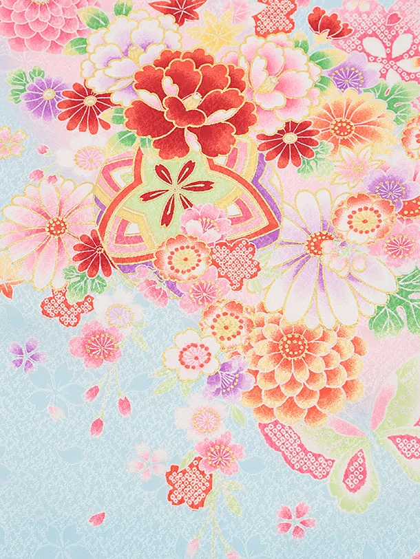 女児産着 お宮参りレンタル2887 水色 花車 鞠と花