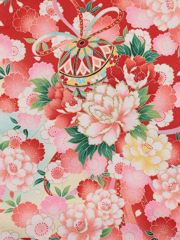 女児産着 お宮参りレンタル2904 赤地 鞠に牡丹 花尽くし