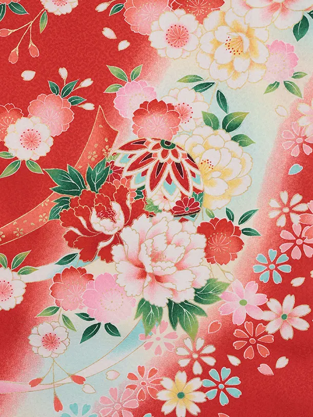 女児産着 お宮参りレンタル2904 赤地 鞠に牡丹 花尽くし