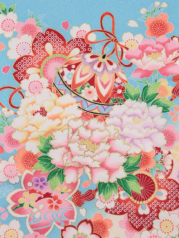 女児産着 お宮参りレンタル2910 水色 牡丹 桜